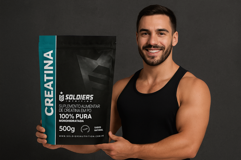 Homem musculoso segurando um pacote de Creatina Soldiers Nutrition 100% pura de 500g, usado como imagem de capa para blog de suplementação